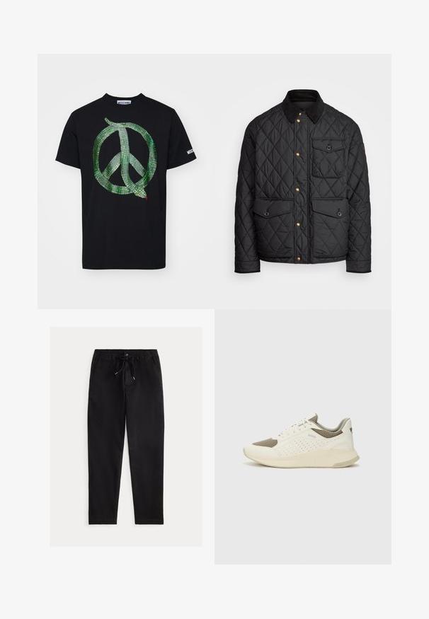 Črna prešita jakna s čimprijem ovratnikom, zlatimi gumbki, dvema sprednjima žepoma in enim žepom na levi strani, ki vsebuje žepno nalepko.; Črna bombažna majica s simbolom miru, v katerega je vključena zelena kača, z logotipom "MOSCHINO" v belem na rokavu.; Črne, udobne hlače s sproščenim krojem, elastičnim pasom, vezalko in sprednjimi žepi. Narejene so iz gladkega, lahkega materiala.; Beli in svetlo bež športni copat, s mrežastim zgornjim delom, perforiranimi detajli in teksturirano srednjim delom z blagovno znamko na peti.