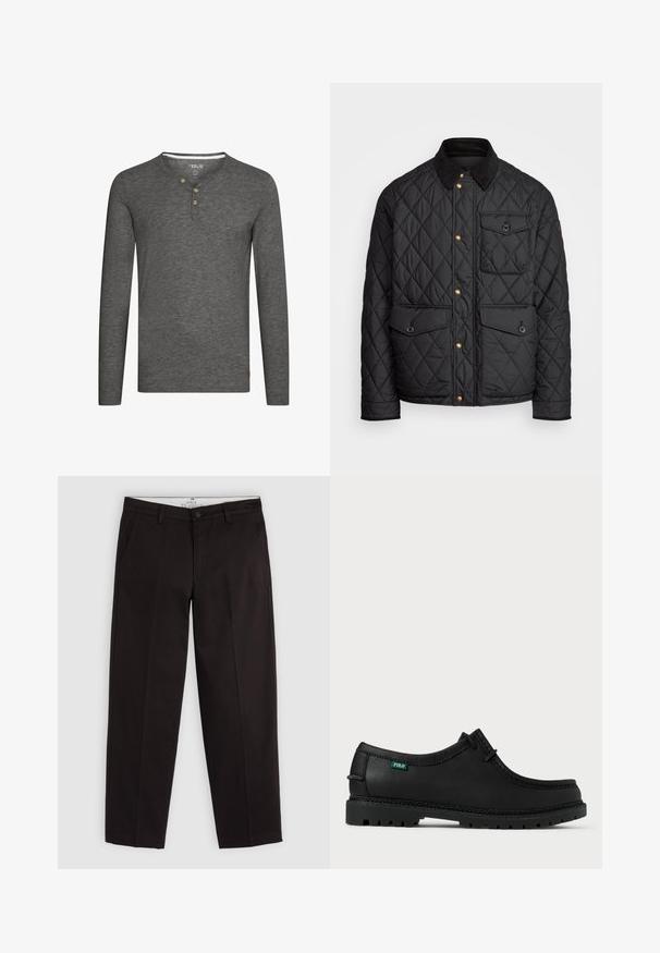 Černá prošívaná bunda s kordovým límcem, zlatými patentkami, dvěma předními kapsami a jednou kapsou na levé straně, která obsahuje nášivku s logem.; Šedá dlouhá tričko s henley výstřihem, třemi dřevěnými knoflíky a malou značkovou štítkem na dolním levém okraji. Měkká, texturovaná tkanina.; Černé chinos s rovnými nohavicemi, poutky na opasek, knoflíkovým zapínáním a bočními kapsami, vystavené na světle šedém pozadí.; Černá kožená bota s nízkým profilem, kulatou špičkou a texturovanou podrážkou. Obsahuje zelenou etiketu "POLO" a kontrastní prošívání podél okraje.