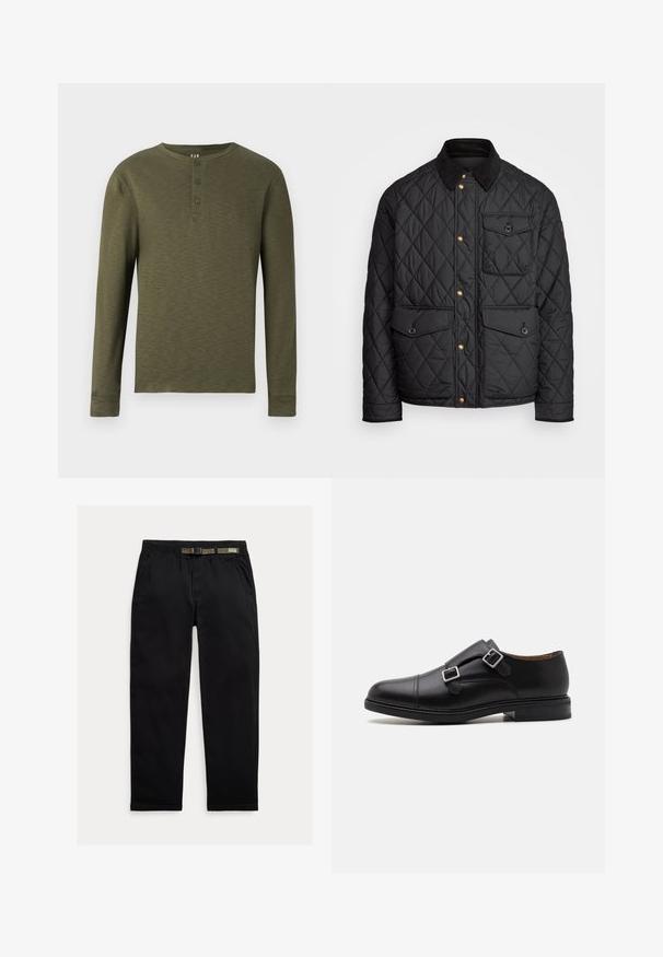 Musta tikattu takki, jossa on samettikaulus, kultaiset napit, kaksi etutaskua ja tasku vasemmalla puolella, jossa on logopatch.; Olivi vihreä pitkähihainen henley-paita, jossa on pyöreä kaula-aukko, kolme nappia kauluksessa ja tekstuurinen kangastyyli.; Mustat housut, jotka on valmistettu kevyestä kankaasta. Niissä on joustava vyötärö, johon on integroitu vihreä vyö, suora lahje ja sivutaskut.; Musta nahkakengät, joissa on kaksoispinnit, pyöreä kärki, hienovarainen ommel ja litteä, teksturoidusta kumista valmistettu pohja.