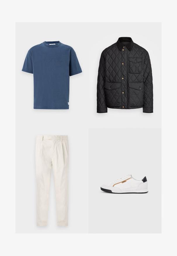 Must mustriga jakk, millel on sametkaelus, kuldsed nööbid, kaks eesmist taskut ja tasku vasakul küljel, millel on logotäht.; Tumedat sinine puuvillane T-särk, lühikesed varrukad, ümmargune kaelus, regulaarne istuvus, ühtlane disain, väikese logo etikett alumises ääres.; Valged volditud püksid, mis on kohandatud sobivusega, sujuva tekstuuriga, vööloopidega ja kitsenevate jalgadega. Pole nähtavaid taskuid ega mustreid.; Valged sportlikud jalatsid, millel on võrkkangas ja nahkdetailid. Omab kuldset "BOSS" logo, tekstureeritud külgpaneele ja musta kontsakaant. Kummist tallad.