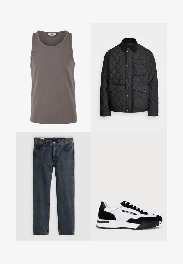 Crni quiltani kaput s ovratnikom od fiksa, zlatnim dugmadi na preklop, dva prednja džepa i džepom s lijeve strane, s logom na zakrpi.; Sivi rebrasti majica bez rukava s okruglim izrezom i širokim otvorima za ruke. Napravljena od rastezljivog materijala, ima regularan kroj i minimalistički dizajn.; Tamno plave traperice s ravnim nogavicama, pet džepova i zatvaranjem na dugme. Tkanina pokazuje suptilno blijeđenje i teksturu.; Tenisice s gornjim dijelom od crnog antilopa i bijele kože, s crnim gumenom podlogom, bijelim vezicama i logotipom "POLO SPORT" sa strane.