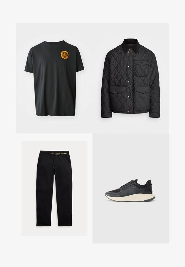 Casaco acolchoado preto com colarinho de veludo cotelê, botões de pressão dourados, dois bolsos frontais e um bolso no lado esquerdo, apresentando um patch de logotipo.; T-shirt de algodão preto com mangas curtas, decote redondo, com um logotipo circular laranja no lado esquerdo superior. Textura suave.; Calças pretas feitas de um tecido leve, com uma cintura elástica com um cinto verde integrado, corte reto e bolsos laterais.; Sapatilha atlética preta com parte superior em malha com perfurações, uma entressola texturizada em creme e uma sola de borracha para tração.