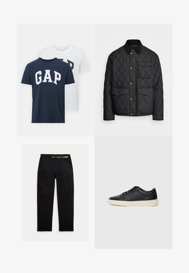 Černá prošívaná bunda s kordovým límcem, zlatými patentkami, dvěma předními kapsami a jednou kapsou na levé straně, která obsahuje nášivku s logem.; Dvě trička od GAP; jedno námořnické modré s bílým logem "GAP", druhé bílé s tmavě zeleným logem "GAP". Vyrobena z bavlny, s designem s kulatým výstřihem.; Černé kalhoty vyrobené z lehkého materiálu, s elastickým pasem a integrovaným zeleným páskem, rovného střihu a bočními kapsami.; Černé kožené nízké tenisky s černými tkaničkami a slonovinovou podešví, zobrazené v bočním profilu na bílém pozadí.