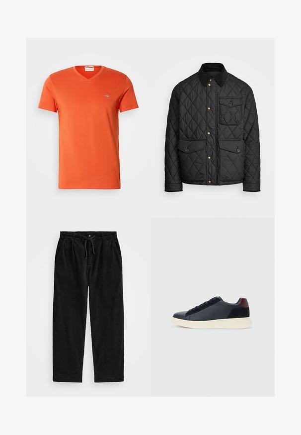 Musta tikattu takki, jossa on samettikaulus, kultaiset napit, kaksi etutaskua ja tasku vasemmalla puolella, jossa on logopatch.; Oranssi puuvillapaita V-kauluksella, lyhythihainen ja pienellä logolla rinnassa. Sileä pinta ja tasainen ommel.; Mustat corduroy-housut rento istuvuus, jossa on elastinen vyötärö ja kiristysnarut, sekä sivutaskut. Kangas näyttää railoa tekstuuria.; Miestne bežecké tenisky s nízkym strihom v čiernej koži a semišovej úprave s bordovým jazykom a bielou gumovou podrážkou, pohľad z vonkajšej strany.