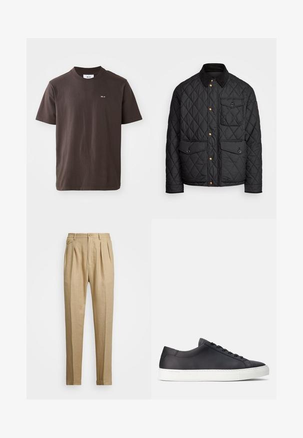 Veste noire matelassée avec un col en velours côtelé, des boutons-pression dorés, deux poches avant et une poche sur le côté gauche, avec un patch logo.; T-shirt en coton marron avec un col rond côtelé. Présente un petit logo blanc sur la poitrine gauche. Manches courtes et ourlet droit.; Pantalons en lin beige avec une coupe droite, arbore deux pinces à l'avant, une fermeture à bouton et des poches latérales. Tissu texturé avec une finition lisse.; Baskets en cuir noir à profil bas, à bout rond, avec une semelle en caoutchouc blanc et des lacets plats. Détails discrets du logo sur le côté et la languette.