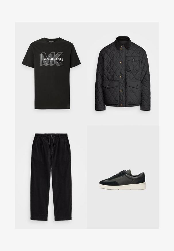 Czarna pikowana kurtka z kołnierzem z sztruksu, złotymi zatrzaskami, dwoma przednimi kieszeniami oraz kieszenią po lewej stronie, z naszywką z logo.; Czarny t-shirt z krótkim rękawem z zachodzącymi na siebie szarymi literami "MK" oraz białym napisem "MICHAEL KORS" na klatce piersiowej.; Czarne spodnie z corduroy o luźnym kroju, z elastycznym pasem na sznurku i bocznymi kieszeniami. Tkanina ma prążkowaną teksturę.; Niskie trampki z połączeniem czarnego zamszu i teksturowanej skóry, białą gumową podeszwą i czarnymi sznurowadłami. Subtelne logo po boku.