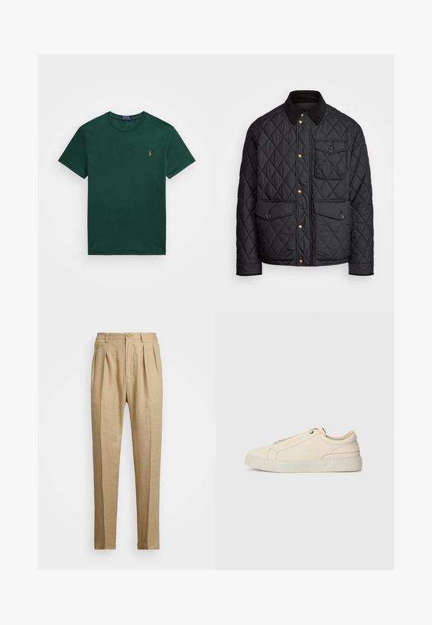 Casaco acolchoado preto com colarinho de veludo cotelê, botões de pressão dourados, dois bolsos frontais e um bolso no lado esquerdo, apresentando um patch de logotipo.; T-shirt de mangas curtas em verde escuro com decote redondo e pequeno logótipo de jogador de Polo bordado no lado esquerdo do peito.; Calças de linho bege com corte reto, apresentando dois plissados frontais, fecho com botão e bolsos laterais. Tecido texturizado com um acabamento suave.; Sneakers de pele bege com biqueira arredondada, design minimalista, detalhes de costura subtis e parte superior texturizada, em sola clara.