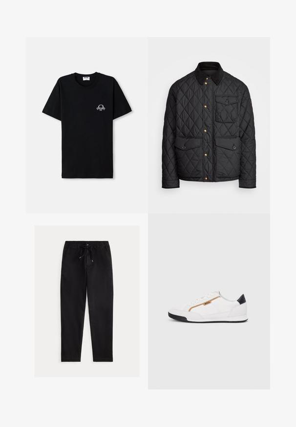 Must mustriga jakk, millel on sametkaelus, kuldsed nööbid, kaks eesmist taskut ja tasku vasakul küljel, millel on logotäht.; Must musträpiga t-särk, millel on ümmargune kaelus. Esipaneelil on väike valge graafiline disain. Lühikesed varrukad ja sirge serv.; Mustad, mugavusvormi püksid, elastse vöökoha, sisseehitatud nööriga ja esikottidega. Valmistatud siledast, kergest materjalist.; Valged sportlikud jalatsid, millel on võrkkangas ja nahkdetailid. Omab kuldset "BOSS" logo, tekstureeritud külgpaneele ja musta kontsakaant. Kummist tallad.