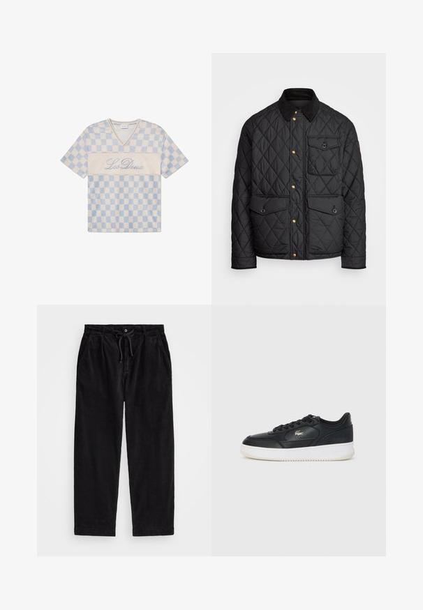 Casaco acolchoado preto com colarinho de veludo cotelê, botões de pressão dourados, dois bolsos frontais e um bolso no lado esquerdo, apresentando um patch de logotipo.; T-shirt de malha em padrão xadrez azul e creme, com mangas curtas, decote em V e "Les Deux" bordado na frente em letra cursiva.; Calças de veludo cotelê pretas com um ajuste relaxado, apresentando uma cintura elástica com cordão e bolsos laterais. O tecido apresenta uma textura canalizada.; Sapatilha de couro preto com sola branca, apresentando um bico arredondado, design com atacadores e um logotipo discreto na lateral. Detalhes em relevo na parte superior.