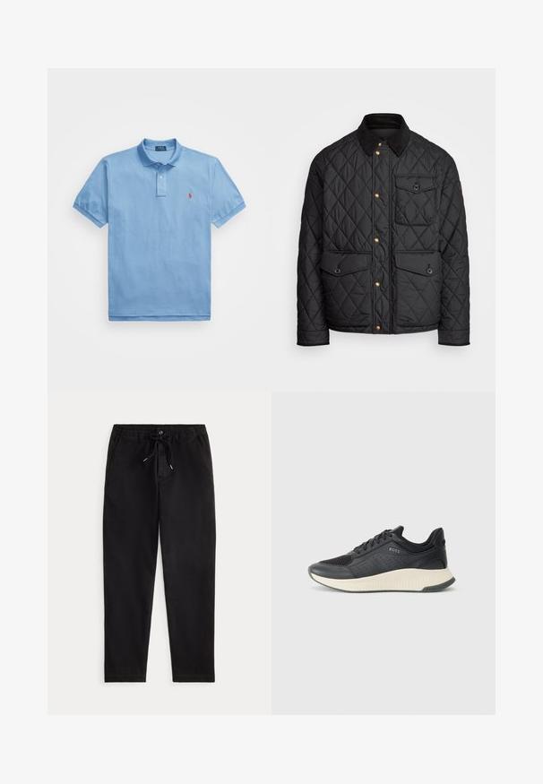 Crni quiltani kaput s ovratnikom od fiksa, zlatnim dugmadi na preklop, dva prednja džepa i džepom s lijeve strane, s logom na zakrpi.; Svijetloplavi polo majica od pamuka s ovratnikom. Ima kratke rukave i mali crveni logo na lijevoj strani prsa. Glatka tekstura.; Crne ležerne hlače s elastičnim pojasom, vezicom, prednjim gumbom i bočnim džepovima, prikazane na jednostavnoj pozadini.; Crne atletske tenisice s gornjim dijelom od mrežaste tkanine s perforacijama, teksturiranim srednjim dijelom u krem boji i gumiranim potplatom za prianjanje.