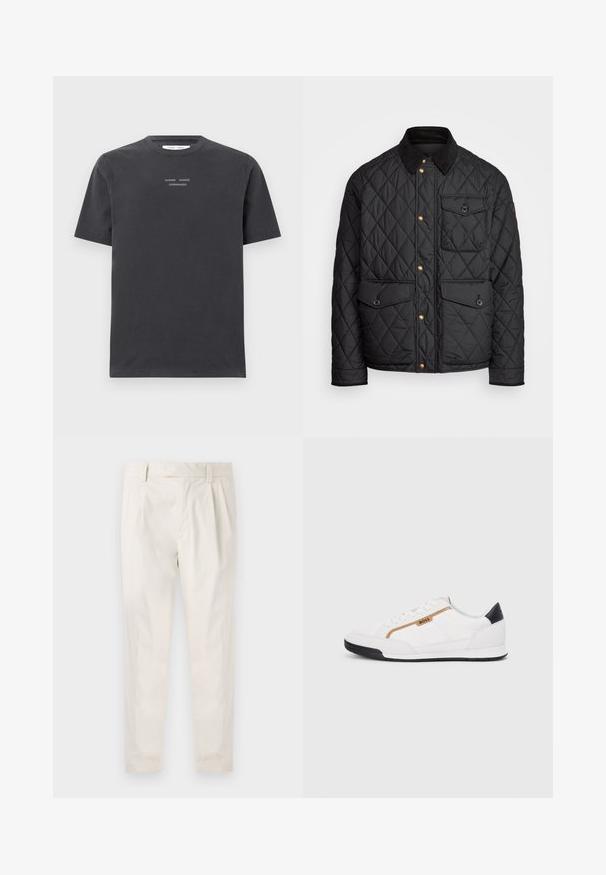 Fekete steppelt dzseki corduroy gallérral, arany snap gombokkal, két elülső zsebbel és egy bal oldali zsebbel, logó jelvénnyel.; Sötét szürke pamut póló rövid ujjakkal és kerek nyakkivágással, amelyen fehér hímzett felirat látható: "SAMSØE SAMSØE COPENHAGEN" a mellkason.; Fehér, pliszírozott nadrág, testre szabott szabással, sima felülettel, övhurkokkal és karcsú lábszárral. Nincs látható zseb vagy minta.; Fehér sportcipők, hálós és bőr díszítésekkel. Kiemelkedő arany "BOSS" logó, textúrázott oldalpanelekkel és fekete sarokkal. Gumi talp.