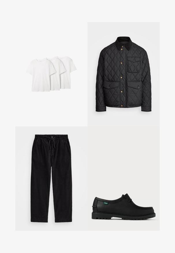 Črna prešita jakna s čimprijem ovratnikom, zlatimi gumbki, dvema sprednjima žepoma in enim žepom na levi strani, ki vsebuje žepno nalepko.; Tri obične bele majice s kratkimi rokavi iz bombaža. Sproščen kroj. Vsaka ima oznako na ovratniku. Brez vzorcev ali detajlov.; Črne kord pants z udobnim krojem, ki imajo elastičen pas z vrvico in stranske žepke. Tkanina prikazuje rebrasto teksturo.; Črne usnjene čevlje z nizkim profilom, okroglo konico in strukturirano podplatom. Imajo zeleno oznako "POLO" in kontrastno šivanje ob robu.