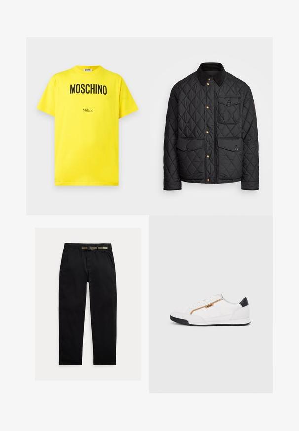 Juodas margintas paltas su kanapių apykakle, auksiniais spaudžiamais mygtukais, dviem priekinių didelėms kišenėms ir kišene kairėje pusėje, su logotipo etikete.; Geltona medvilninė marškinėliai su juodu „Moschino“ logotipu ir užrašu „Milano“, su apvalia kaklo linija, trumpomis rankovėmis ir laisvu siluetu.; Juodos kelnės, pagamintos iš lengvo audinio, su elastinga juosta ir integruota žalia diržo dalimi, tiesaus kirpimo ir šonomis kišenėmis.; Balti sportiniai bateliai su tinklinėmis ir odinėmis detalėmis. Yra auksinė "BOSS" logotipas, tekstūruoti šonai ir juodas kulno dangtelis. Guminis padas.