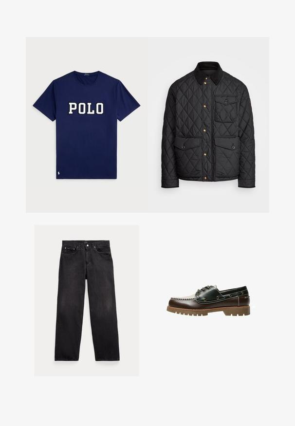 Musta tikattu takki, jossa on samettikaulus, kultaiset napit, kaksi etutaskua ja tasku vasemmalla puolella, jossa on logopatch.; Laivansinis puuvillainen t-paita lyhyillä hihoilla, jossa on suuri valkoinen "POLO"-logo rohkeassa fontissa ja pieni logoyksityiskohta helmoissa.; Mustat farkut, joissa on suora lahje, viisi taskua ja nappisulku. Niissä on lievää haalistumista ja kontrastiväriset ompeleet.; Ruskea ja vihreä nahkaveneilykenkä, jossa on valkoinen ompelukuvio, pyöreät nauhat ja uurrettu kumipohja. Kestävä rakenne metallikauluksilla.