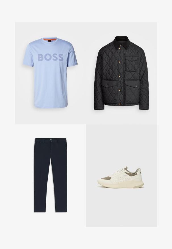 Musta tikattu takki, jossa on samettikaulus, kultaiset napit, kaksi etutaskua ja tasku vasemmalla puolella, jossa on logopatch.; Vaaleansininen puuvillapaita, jossa on pyöreä kaula-aukko ja lyhyet hihat, ja jossa sana "BOSS" on esillä rohkeilla tumman violetilla kirjaimilla.; Laevänsiniset housut, jotka on valmistettu kevyestä kankaasta, sisältävät suoran lahkeen muotoilun, sivutaskut ja edessä nappikohdan brändityyliin.; Valkoinen ja vaaleanbeige urheilukengät, joissa on verkkomateriaali yläosa, rei'itettyjä yksityiskohtia ja teksturoitu välipohja, jossa on brändäys kantapäässä.