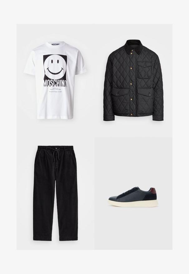 Černá prošívaná bunda s kordovým límcem, zlatými patentkami, dvěma předními kapsami a jednou kapsou na levé straně, která obsahuje nášivku s logem.; Bílý bavlněný tričko s velkým černým smajlíkem, pod kterým je nápis "MOSCHINO" a menším písmem jsou uvedeny detaily akce.; Černé kordové kalhoty s volným střihem, vybavené elastickým pasem se šňůrkou a bočními kapsami. Tkanina má jemně rýhovanou strukturu.; Nízké pánské tenisky z černé kůže a semiše s vínovým patním páskem a bílou gumovou podrážkou, pohled z vnější strany.