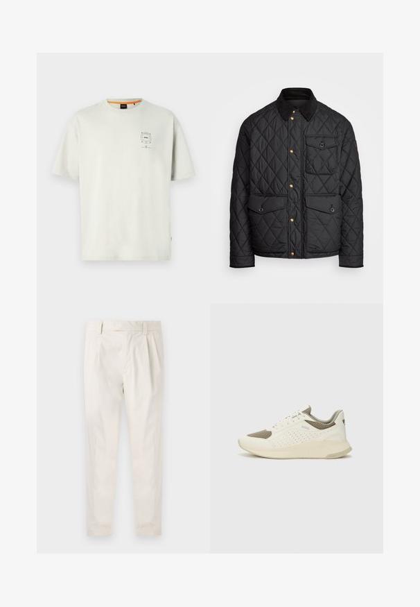 Black quilted jacket with a corduroy collar, gold snap buttons, two front pockets, and a pocket on the left side, featuring a logo patch.; Light gray cotton t-shirt with short sleeves, round neckline, and a small logo graphic on the chest. Features a contrasting orange inner neck.; White, pleated trousers with a tailored fit, featuring a smooth texture, belt loops, and tapered legs. No visible pockets or patterns.; White and light beige athletic sneaker, featuring a mesh upper, perforated detailing, and a textured midsole with branding on the heel.