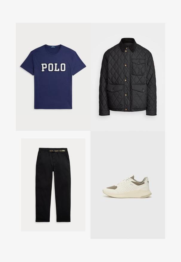 Casaco acolchoado preto com colarinho de veludo cotelê, botões de pressão dourados, dois bolsos frontais e um bolso no lado esquerdo, apresentando um patch de logotipo.; T-shirt azul marinho feito de algodão, com um grande gráfico "POLO" em branco, com gola redonda e mangas curtas.; Calças pretas feitas de um tecido leve, com uma cintura elástica com um cinto verde integrado, corte reto e bolsos laterais.; Sapatilha atlética branca e bege claro, com parte superior em malha, detalhes perfurados e uma entressola texturizada com marcação no calcanhar.