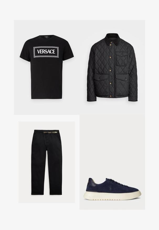 Μαύρο πλισέ μπουφάν με κόκκινο γιακά, χρυσά κουμπιά, δύο μπροστινές τσέπες και μια τσέπη στην αριστερή πλευρά, με λάδι λογότυπου.; Μαύρο βαμβακερό T-shirt με λευκό ορθογώνιο λογότυπο "VERSACE" με καρό περίγραμμα. Σχέδιο με κοντά μανίκια και στρογγυλή λαιμόκοψη.; Μαύρο παντελόνι από ελαφρύ ύφασμα, με ελαστική μέση και ενσωματωμένη πράσινη ζώνη, ίσιο κόψιμο και πλαινές τσέπες.; Ναυτικό σουέτ χαμηλό αθλητικό παπούτσι με υφή, καουτσούκ σόλα και τονικές κορδόνες, που διαθέτει ένα μικρό λογότυπο στο πλάι και στην φτέρνα.