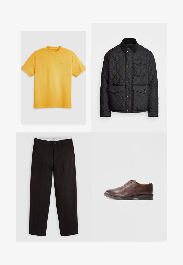 Juodas margintas paltas su kanapių apykakle, auksiniais spaudžiamais mygtukais, dviem priekinių didelėms kišenėms ir kišene kairėje pusėje, su logotipo etikete.; Geltona medvilninė marškinėlė su trumpomis rankovėmis, apvaliu kaklu ir mažuoju išsiuvinėjimu Levi's logotipo priekyje. Lygus paviršius, paprastas dizainas.; Juodi tiesūs chinos kelnės su dirželių kilpomis, sagos uždarymu ir šoninėmis kišenėmis, pristatyti ant šviesiai pilko fono.; Rudi odiniai vyriški oficialūs batai su lakuota apdaila ir sukrautu kulnu ant balto fono.
