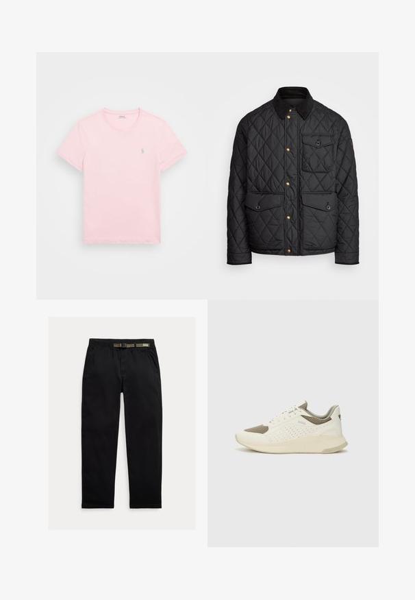 Casaco acolchoado preto com colarinho de veludo cotelê, botões de pressão dourados, dois bolsos frontais e um bolso no lado esquerdo, apresentando um patch de logotipo.; Polo Ralph Lauren CUSTOM SLIM FIT JERSEY CREWNECK T-SHIRT - T-shirt básica - garden pink; Calças pretas feitas de um tecido leve, com uma cintura elástica com um cinto verde integrado, corte reto e bolsos laterais.; Sapatilha atlética branca e bege claro, com parte superior em malha, detalhes perfurados e uma entressola texturizada com marcação no calcanhar.