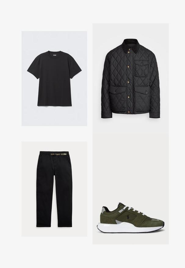 Schwarze gesteppte Jacke mit einem Cordkragen, goldenen Druckknöpfen, zwei Fronttaschen und einer Tasche auf der linken Seite, die ein Logopatch aufweist.; Schwarzes T-Shirt mit kurzen Ärmeln aus Baumwolle. Hat einen Rundhalsausschnitt und eine lockere Passform. Einfaches Design ohne sichtbare Muster oder Akzente.; Schwarze Hose aus leichtem Material, mit einem elastischen Bund und einem integrierten grünen Gürtel, geradem Beinabschluss und seitlichen Taschen.; Grüne Sportschuhe aus einer Kombination von Wildleder und Mesh-Materialien. Mit weißen Schnürsenkeln, einer weißen Zwischensohle und einer strukturierten Gummisohle.