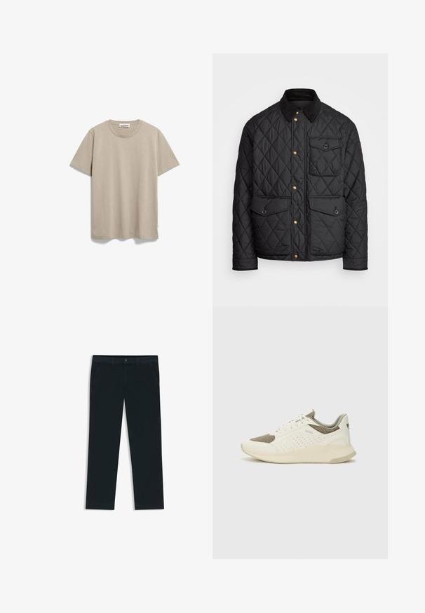 Zwarte gewatteerde jas met een corduroy kraag, gouden drukknoopsluitingen, twee voorzakken en een zak aan de linkerkant, voorzien van een logo patch.; ARMEDANGELS JAAMEL STRUCTURE - T-shirt basic - sand stone; Donkerblauwe chino's gemaakt van een katoenmix stof. Voorzien van riemlussen, front pockets en een rits met knoopsluiting.; Witte en lichtbeige sport sneaker, met een bovenwerk van mesh, geperforeerde details en een gestructureerde tussenzool met branding op de hiel.