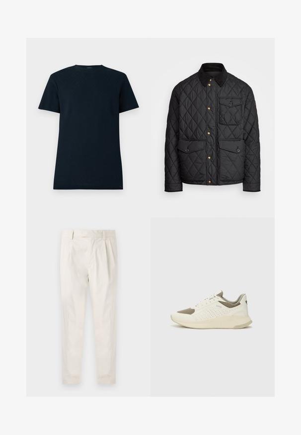 Fekete steppelt dzseki corduroy gallérral, arany snap gombokkal, két elülső zsebbel és egy bal oldali zsebbel, logó jelvénnyel.; Rövidujjú, sötétkék póló bordás anyagból, geometrikus mintával, kerek nyakkivágással és laza fazonnal.; Fehér, pliszírozott nadrág, testre szabott szabással, sima felülettel, övhurkokkal és karcsú lábszárral. Nincs látható zseb vagy minta.; Fehér és világos bézs sportcipő, légies hálós felsőrésszel, perforált részletekkel és texturált középtalppal, amelyen a saroknál a márka logója található.