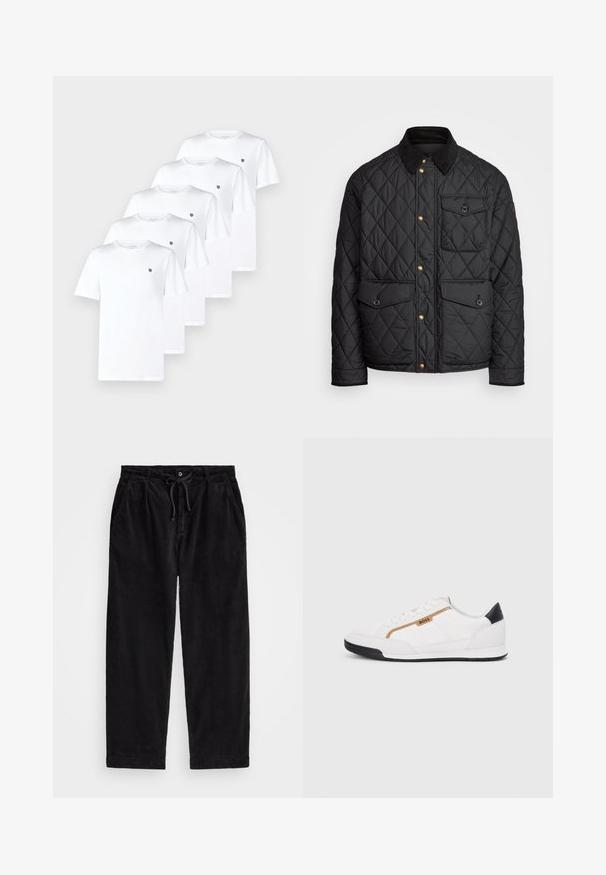 Čierna prešívaná bunda s kordovým golierom, zlatými cvokovými gombíkmi, dvoma prednými vreckami a vreckom na ľavej strane, so záplatou loga.; Päť bielych bavlnených tričiek s krátkymi rukávmi a okrúhlym výstrihom, so malým čiernym logom na ľavej hrudi.; Čierne manšestrové nohavice s uvoľneným strihom, s elastickým pásom a sťahovacou šnúrkou, a bočnými vreckami. Tkanina má rebrovanú štruktúru.; Biele športové topánky s akcentmi z korku a kože. Obsahujú zlaté logo "BOSS", textúrované bočné panely a čierny pätník. Gumová podrážka.