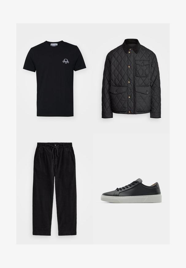 Črna prešita jakna s čimprijem ovratnikom, zlatimi gumbki, dvema sprednjima žepoma in enim žepom na levi strani, ki vsebuje žepno nalepko.; Črna bombažna majica s kratkimi rokavi, ki ima na prsih majhen bel grafični dizajn. Klasičen kroj s krožnim izrezom in kratkimi rokavi, gladka tekstura.; Črne kord pants z udobnim krojem, ki imajo elastičen pas z vrvico in stranske žepke. Tkanina prikazuje rebrasto teksturo.; Črne usnjene teniske z gladko teksturo, okroglo konico in črnimi vezalkami. Imajo debel bel gumijast podplat s subtilnimi geometrijskimi poudarki.