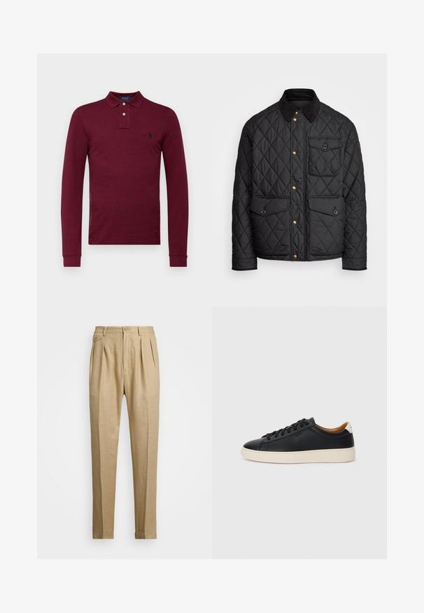 Fekete steppelt dzseki corduroy gallérral, arany snap gombokkal, két elülső zsebbel és egy bal oldali zsebbel, logó jelvénnyel.; Polo Ralph Lauren LONG SLEEVE - Hosszú ujjú felső - vintage port heather; Beige vászon nadrág egyenes szabással, két első redővel, gombos záródással és oldalzsebekkel. Tömör textúrájú anyag sima felülettel.; Fekete bőr sportcipők sima felülettel, bézs gumitalppal, fűzős dizájnnal és kontrasztos sarkú akcentussal.