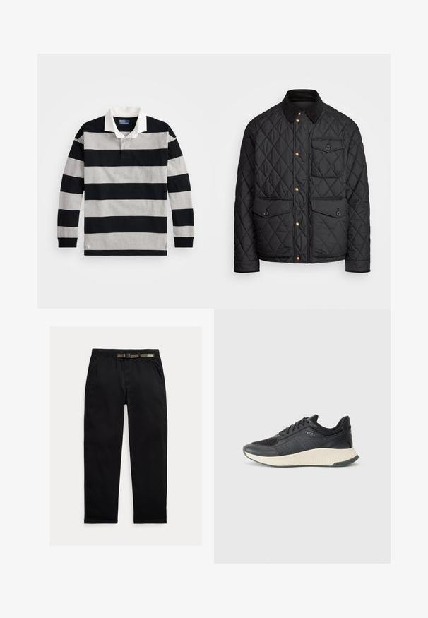 Czarna pikowana kurtka z kołnierzem z sztruksu, złotymi zatrzaskami, dwoma przednimi kieszeniami oraz kieszenią po lewej stronie, z naszywką z logo.; Czarny i szary w paski długi rękaw polo z białym kołnierzykiem oraz małym logo na dolnym brzegu. Wykonane z miękkiej bawełny.; Czarne spodnie wykonane z lekkiego materiału, z elastycznym paskiem wbudowanym w zielony pas, prostą nogawką oraz bocznymi kieszeniami.; Czarne sportowe trampki z siateczkową cholewką z perforacjami, teksturowaną podeszwą środkową w kolorze kremowym oraz gumową podeszwą zewnętrzną zapewniającą przyczepność.