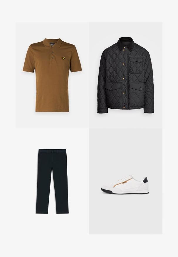 Musta tikattu takki, jossa on samettikaulus, kultaiset napit, kaksi etutaskua ja tasku vasemmalla puolella, jossa on logopatch.; Ruskean värinen puuvillapaita, jossa on klassinen kaulus, kolme nappia ja keltaisella brodeerattu logo rinnassa.; Tummansinisiä chinos-housuja, jotka on valmistettu puuvillasekoitteesta. Niissä on vyölenkit, etutaskut sekä vetoketjulla varustettu nappisulku.; Valkoiset urheilukengät, joissa on verkkokudosta ja nahkaosia. Varustettu kultaisella "BOSS"-logolla, tekstuurillisilla sivupaneeleilla ja mustalla kantapäällä. Kumikanta.