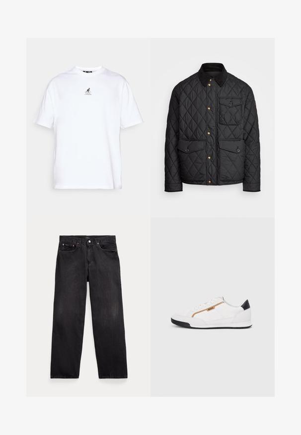 Černá prošívaná bunda s kordovým límcem, zlatými patentkami, dvěma předními kapsami a jednou kapsou na levé straně, která obsahuje nášivku s logem.; Bílá bavlněná trička s kulatým výstřihem, krátkými rukávy a černým klokaním logem potisknutým na hrudi. Víceúčelové volnočasové oblečení.; Černé džíny z denimové látky s volným střihem, mají pět kapes, zapínání na knoflík a jemné odbarvení po celé látce.; Bílé sportovní boty s akcenty z meshe a kůže. Mají zlaté logo "BOSS", texturované boční panely a černý podpatek. Gumová podrážka.