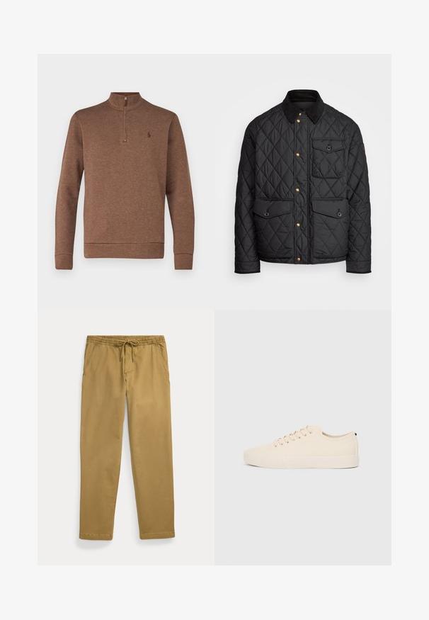 Fekete steppelt dzseki corduroy gallérral, arany snap gombokkal, két elülső zsebbel és egy bal oldali zsebbel, logó jelvénnyel.; Polo Ralph Lauren DOUBLE-KNIT QUARTER-ZIP PULLOVER - Hosszú ujjú felső - nutmeg brown; Khaki egyenes szárú nadrág, rugalmas derékkal és elöl húzózsinórral, ferde elülső zsebekkel és varrott szegélyekkel.; Beige vászon sportcipők, kerek orral, lapos gumi talppal és fűzős elejével. Minimális dizájnnal rendelkezik, és kontrasztos fekete akcentussal a saroknál.