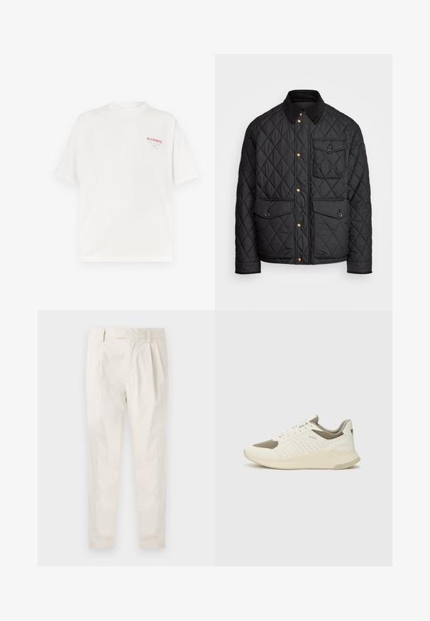 Black quilted jacket with a corduroy collar, gold snap buttons, two front pockets, and a pocket on the left side, featuring a logo patch.; White cotton t-shirt with a round neck, short sleeves, and a red logo on the left chest, featuring a smooth texture and relaxed fit.; White, pleated trousers with a tailored fit, featuring a smooth texture, belt loops, and tapered legs. No visible pockets or patterns.; White and light beige athletic sneaker, featuring a mesh upper, perforated detailing, and a textured midsole with branding on the heel.