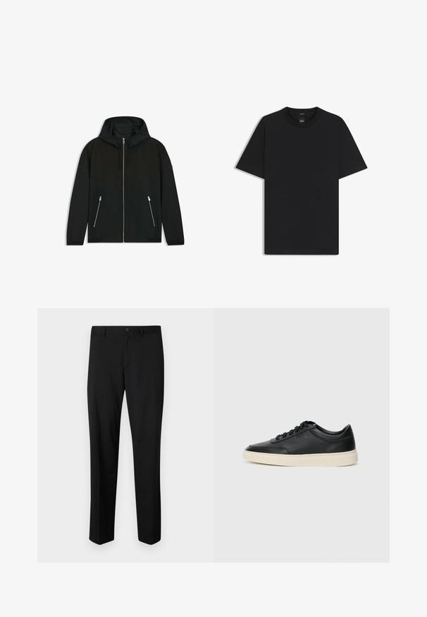 Zwarte hooded jack met een gladde, waterafstotende stof, ritssluiting aan de voorkant, twee zijzakken en contrasterende schouderpanelen.; Zwarte korte mouwen T-shirt van een gladde katoenmix, met een ronde halslijn en een minimalistisch ontwerp zonder patronen of accenten.; Zwarte op maat gemaakte broek met een platte voorkant, standaard taille en rechte pijpen. Gemaakt van een gladde stof, met een enkele knoopsluiting.; Zwarte leren sneaker met lage schacht, zwarte veters en off-white zool, weergegeven in zijprofiel op een witte achtergrond.