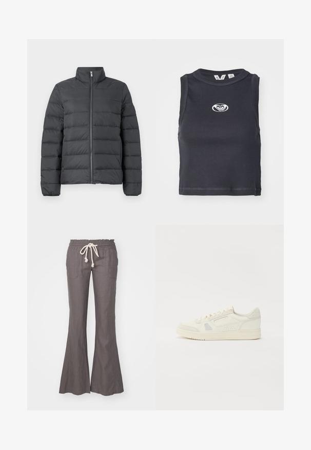 Pufasta jakna tamno siva, s visokom kragnom, punim patentnim zatvaračem sprijeda i horizontalnim šavovima za dodatnu izolaciju i teksturu.; Crni rebrasti crop top s okruglim izrezom i bez rukava. Ima bijeli logo centriran na prsima. Glatka tekstura.; Ravnomjerno proširene, sive pamučne hlače od lana s elastičnim strukom i vezicom. Imaju dva prednja džepa i glatku teksturu po cijeloj površini.; Bijele tenisice s akcentima od antilopa, teksturiranom kožom, perforiranim detaljima, okruglim vrhom, ravnim potplatom i vezanjem.
