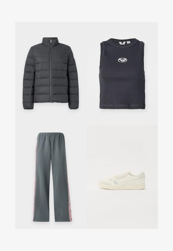 Peldošā jakas tumši pelēkā krāsā, ar augstu apkakli, pilnu rāvējslēdzēju priekšā un horizontālu šuvju dizainu, kas nodrošina papildu izolāciju un faktūru.; Melna ribota īsā topa blūze ar apaļo kakla izgriezumu un bez piedurknēm. Centrā uz krūtīm ir balta logo. Gluda tekstūra.; Pelēki sporta bikses ar elastīgu jostu, platām kājām un krāsainiem rakstainiem akcentiem gar malām. Izgatavotas no mīksta, komfortabla materiāla.; Baltās kedas ar zamša akcentiem, teksturētu ādu, perforētām detaļām, apaļu purngalu, plakanu zoli un auklu aizdari.