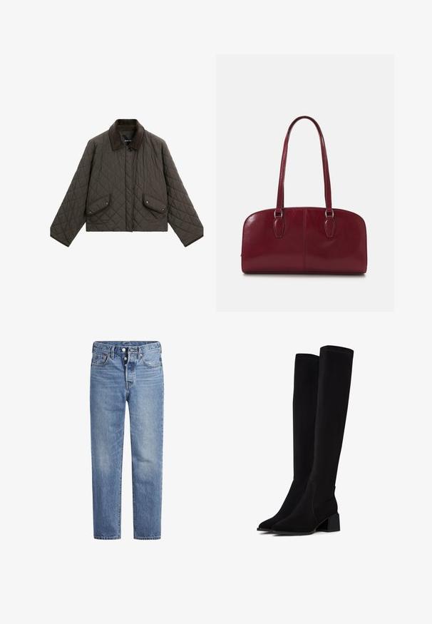 Veste en olive foncé matelassée avec un col en velours côtelé, dotée de deux poches avant à bouton-pression et d'une silhouette carrée.; T-shirt en coton blanc à manches courtes, col rond et texture lisse. Le dos est uni, sans motifs ni designs supplémentaires.; Jeans en denim bleu clair avec une coupe droite, un design à cinq poches et un bouton pression. Présentent une légère décoloration et des coutures orange en accent.; Bottes noires au-dessus du genou en matériau doux et texturé. Caractéristiques d'un talon carré, d'un bout pointu et de coutures visibles.; Zign LEATHER - Sac à main - dark red