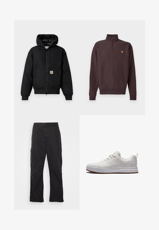 Black Carhartt hooded jacket with front zipper, kangaroo pocket, ribbed cuffs, and logo patch on pocket.; Dark brown, zip-neck sweatshirt in soft fabric with long sleeves. Features a small yellow and red logo on the chest. Elastic cuffs and hem.; Black cargo pants with a straight-leg design, featuring two side pockets, a button closure, and a textured fabric.; White leather sneakers with a low profile, rounded toe, textured side panels, and brown rubber outsole. Features logo on the heel.