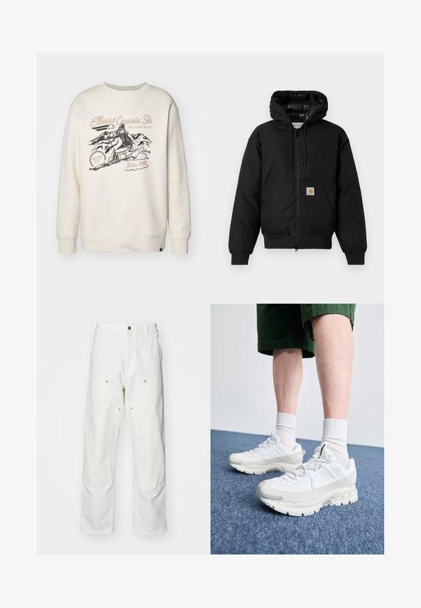 Chaqueta con capucha Carhartt negra, con cremallera frontal, bolsillo tipo canguro, puños de canalé y parche con el logo en el bolsillo.; Sudadera color crema con un estampado gráfico de un esquiador y montañas. Tiene un cuello redondo, puños acanalados y un corte holgado.; Pantalones cargo de algodón blancos con un corte relajado. Las características incluyen bolsillos frontales, detalles en dorado y secciones de rodilla reforzadas.; Zapatillas deportivas blancas con superposiciones texturizadas, una suela gruesa y acentos grises. Llevadas con calcetines blancos hasta la pantorrilla y pantalones cortos verdes sobre una superficie azul.