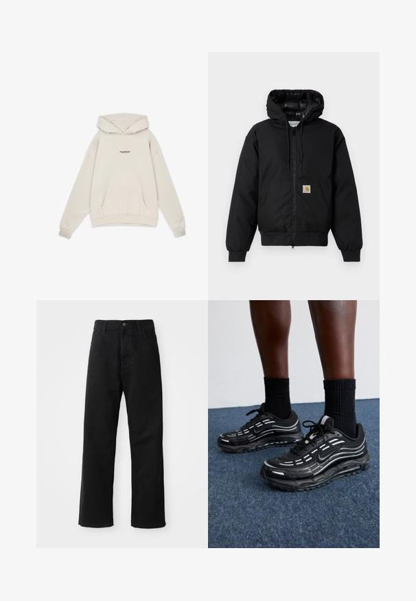 Melnā Carhartt kapuce jaka ar priekšējo rāvējslēdzēju, kangorūkas kabatu, ribotām piedurknēm un logotipa plāksteri uz kabatas.; Pegador FENTON OVERSIZED HOODIE - Džemperis ar kapuci - washed dust cream; Melnas džinsu bikses ar taisnu griezumu, ar priekšējiem kabatām, rāvējslēdzēju un vienu augšējo pogu. Tekstūrēta auduma matēta virsma.; Melni Nike apavi ar sietveida augšdaļu, akcentējošām svītrām, teksturētām šņorēm un melnu gumijas zoli. Valkāti ar melniem ribota auduma zeķēm.