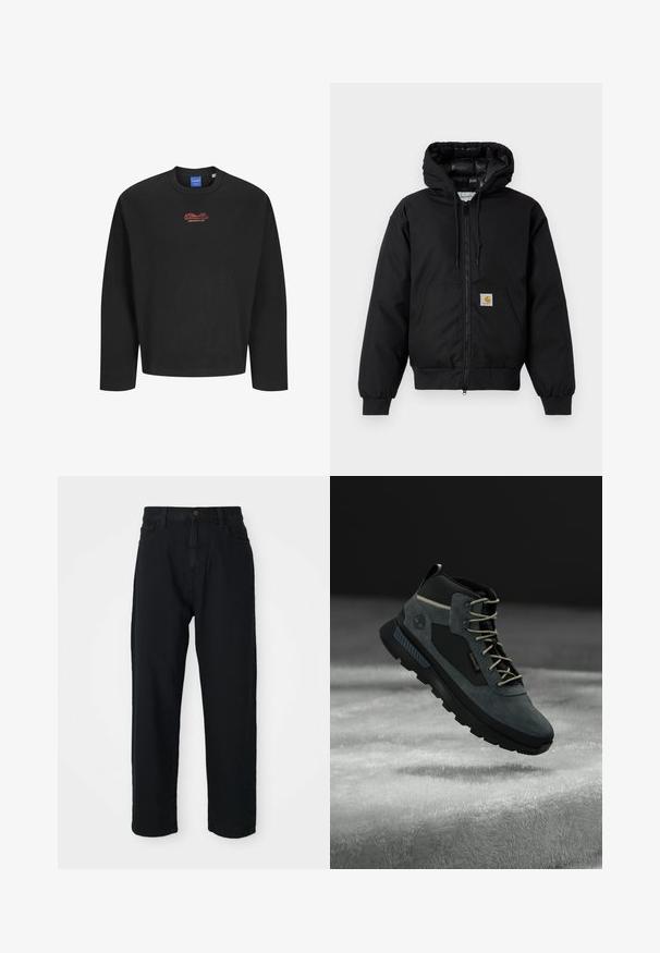 Giacca a zip nera Carhartt con cappuccio, tasca a marsupio, polsini a coste e patch con logo sulla tasca.; Felpa nera a maniche lunghe con colletto a girocollo a costine e grande testo ricamato rosso che legge "Studio Originals" sul petto.; Pantaloni in denim nero con taglio dritto. Presentano un classico design a cinque tasche, chiusura con bottone e una leggera trama del tessuto.; Scarpe da trekking grigio scuro realizzate in materiali scamosciati e sintetici, con colletto imbottito, lacci beige e suola in gomma resistente per una buona aderenza.