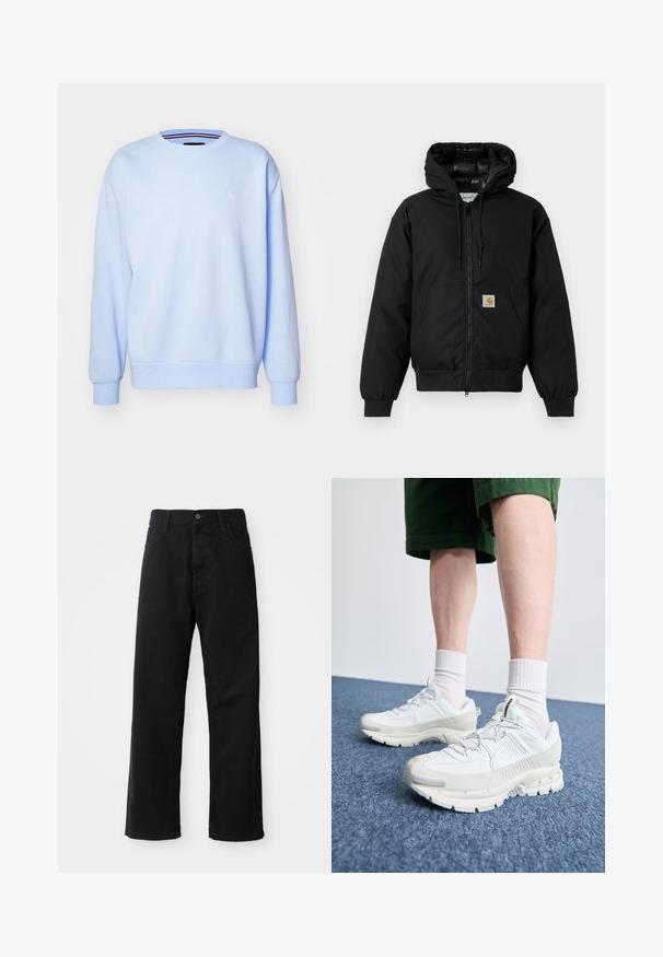 Jachetă cu glugă Carhartt de culoare neagră, cu fermoar frontal, buzunar tip kangaroo, manșete ribbate și patch cu logo pe buzunar.; Sweatshirt albastru deschis, realizat din țesătură moale, cu guler rotund, manșete ribbate și un mic logo brodat pe piept.; Pantaloni din denim negri cu croi drept, având buzunare frontale, fermoar și un singur buton la partea superioară. Țesătură texturată cu un finisaj mat.; Pantofi sport albi cu suprapuneri texturate, talpă masivă și accente gri. Purtați cu șosete albe până la glezne și pantaloni scurți verzi pe o suprafață albastră.