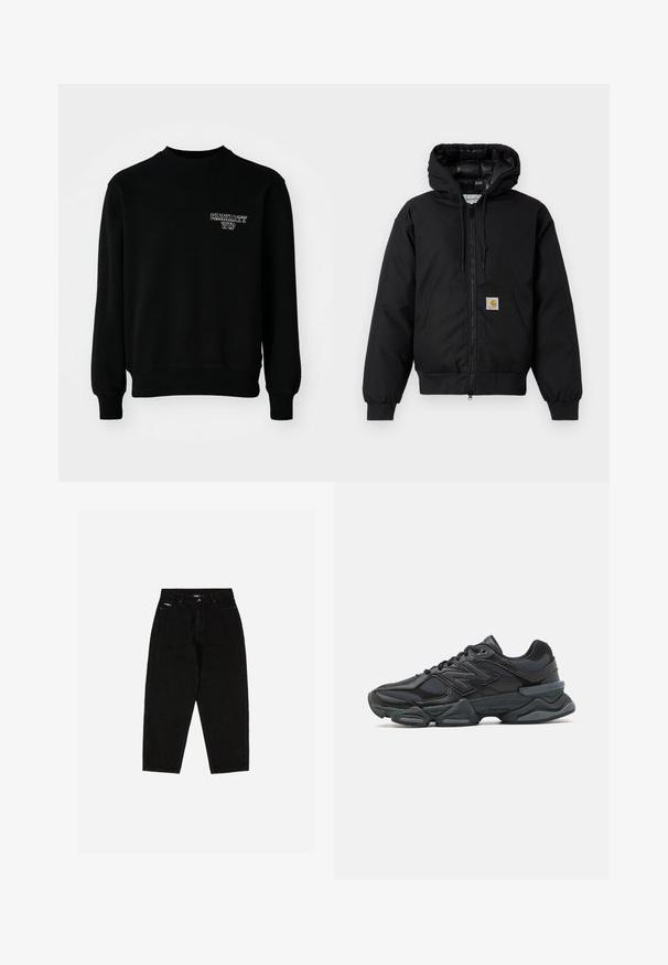 Črna Carhartt kapuca s sprednjim zadrgo, kenguru žepom, rebrastimi manšetami in logotipom na žepu.; Črn pulover s krožnim izrezom, izdelan iz mešanice bombaža, z rebrastimi manšetami in spodnjim robom, na prsih pa je majhen bel vezen logotip.; Črne jeans hlače z visokim pasom, ravnim krojem in diskretnim logotipom na sprednjem žepu. Imajo klasičen pet žepni stil.; Črne tekaške superge, ki združujejo mrežaste in sintetične materiale, imajo debel podplat, ukrivljen oblikovni slog ter izrazito blagovno znamko na strani.