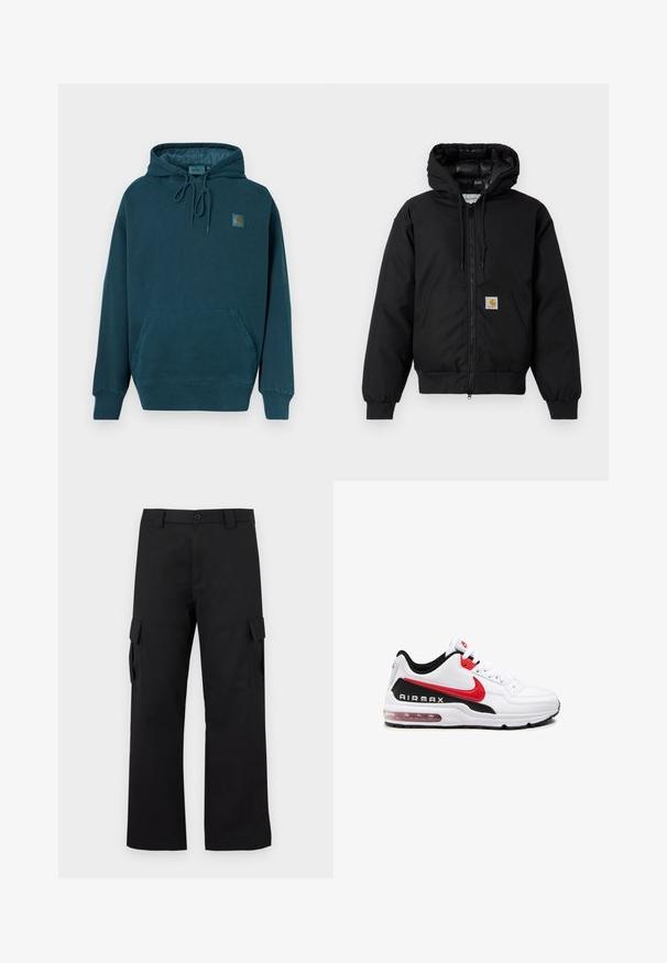 Giacca a zip nera Carhartt con cappuccio, tasca a marsupio, polsini a coste e patch con logo sulla tasca.; Felpa con cappuccio in tessuto verde scuro. Presenta una tasca a marsupio frontale, lacci regolabili e una piccola toppa con logo sul petto.; Pantaloni cargo neri con design a gamba dritta. Realizzati in tessuto resistente, dotati di due tasche laterali con chiusura a pattina e chiusura con bottone.; Scarpa sportiva bianca con accenti neri e rossi, caratterizzata da una tomaia in pelle liscia, chiusura con lacci e ammortizzazione d'aria visibile nella suola.
