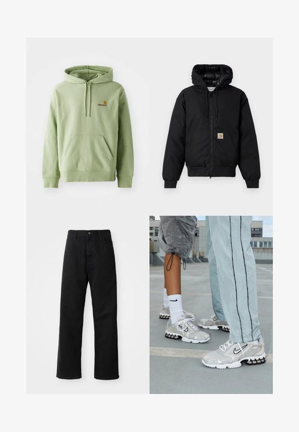 Mustaherra Carhartt-huppari, jossa on etuvetoketju, kengurupocket, ribbed-hihansuut ja logopatch taskussa.; Vaaleanvihreä vetoketjuhuppari pehmeästä kankaasta, jossa on kengurulaukku, nyöritettävä huppu ja pieni brodeerattu logo rinnassa.; Musta farkkushortsit suoran leikkauksen kanssa, joissa on etutaskut, vetoketjuläppä ja yksi yläpainike. Rakenteellinen kangas matta pinnalla.; Nike urheilukengät hopeisesta verkkomateriaalista, jossa on valkoiset nauhat, musta swoosh-logo ja musta-punainen ilmatyynypohja.