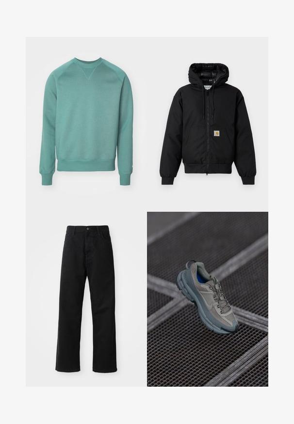 Črna Carhartt kapuca s sprednjim zadrgo, kenguru žepom, rebrastimi manšetami in logotipom na žepu.; Turkizna majica s kružnim izrezom, raglan rukavima, rebrastim manžetama i donjim rubom; napravljena od mekanog materijala s glatkom teksturom.; Črni kavbojki z ravnim krojem, ki imajo sprednje žepke, zadrgo in en zgornji gumb. Teksturovan material z mat zaključkom.; Bež in siva športna čevlja z teksturiranim mrežastim zgornjim delom, okroglem nosu in gumijastim podplatom, opremljena z vezalkami in oblazinjenim ovratnikom.