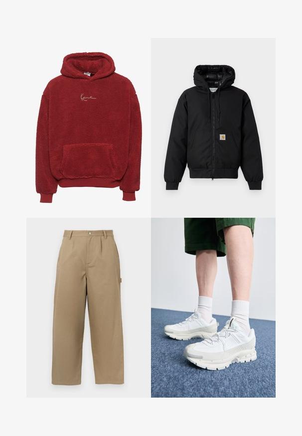 Fekete Carhartt kapucnis dzseki elöl cipzárral, kenguruzsebbel, bordás mandzsettákkal és logóval ellátott zsebbel.; Piros polár kapucnis pulóver texturált felülettel, elülső zsebbel és húzózsinórral. Az elején arany hímzett logó található.; Bézs színű, bő szabású nadrág pamutkeverékből, magas derékkal, elöl pliszírozással és két oldalsó zsebbel, amelyek gombbal záródnak.; Fehér sportcipők texturált burkolattal, vastag talppal és szürke részletekkel. Fehér sportzoknival és zöld rövidnadrággal viselve, kék felületen.